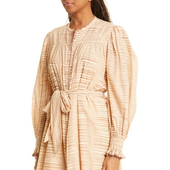 ULLA JOHNSON | Fiora Striped Cotton-Voile Midi Waist Tie Dress in Fawn | Size 2 - Picture 3 of 15